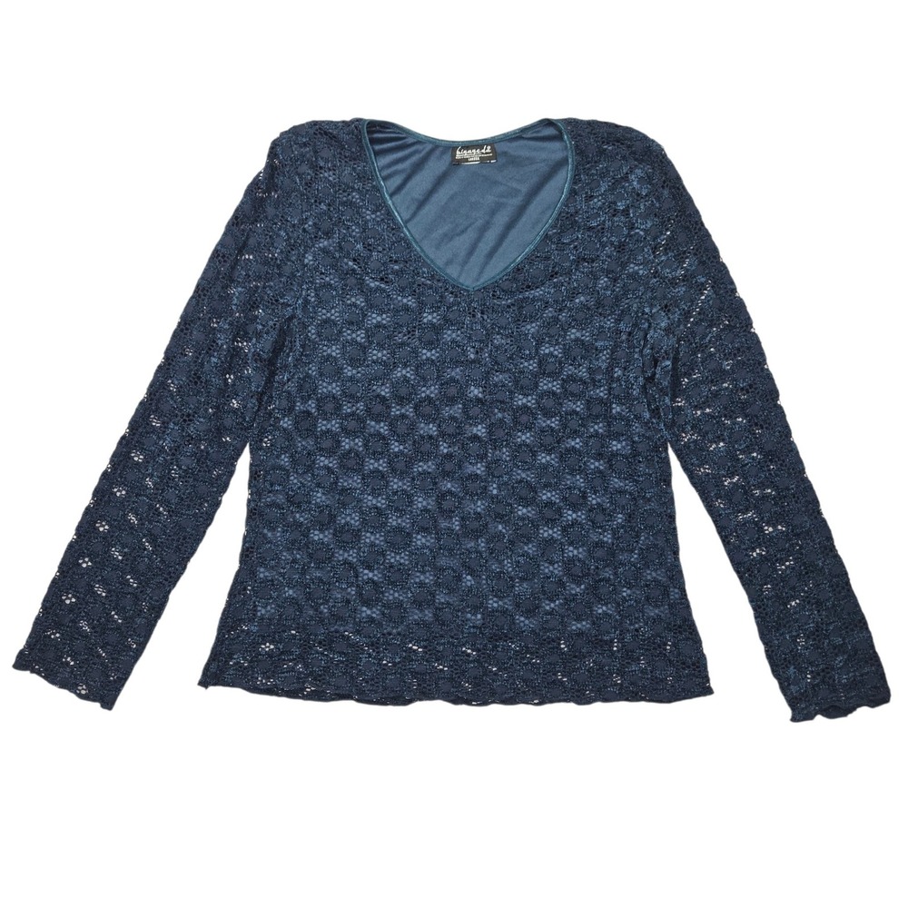 BIYAYCDA VTG 90s Career Crochet Lace V-Neck Blouse Teal Blue Sz L